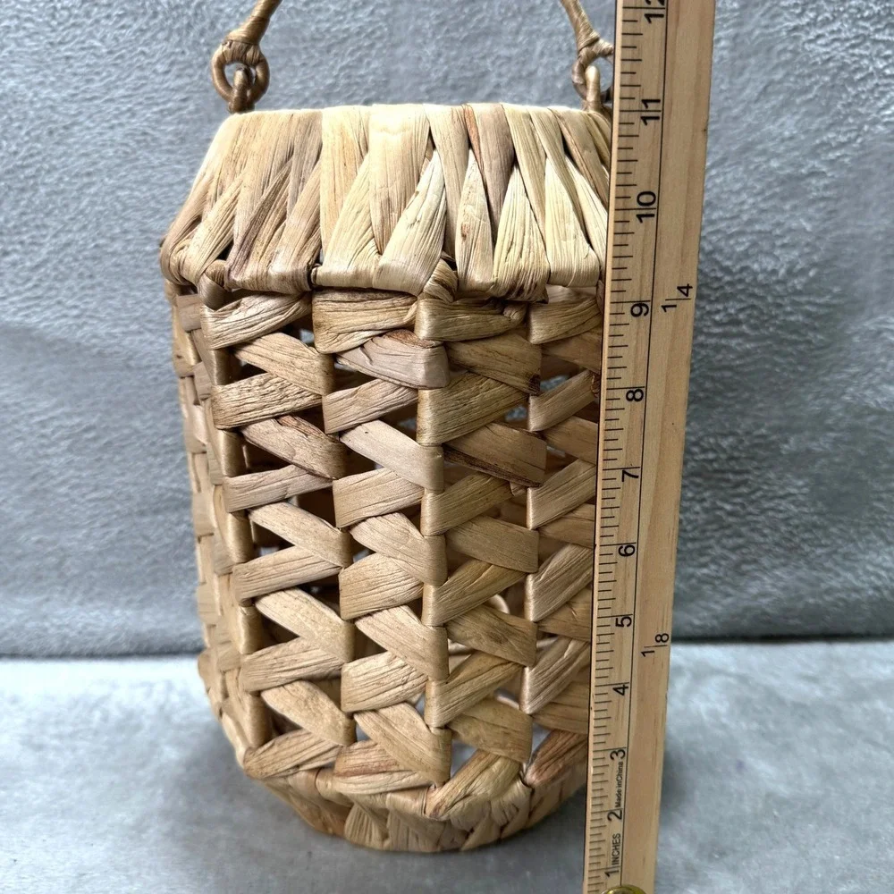 Vintage Woven Rattan Hurricane Candle Holder Basket Lantern Handle Boho Decor